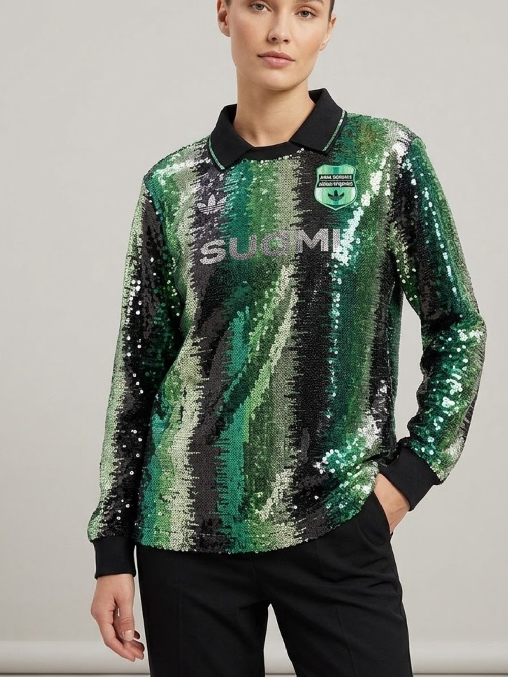 Adidas x Anna Isoniemi Sequin Soccer Polo Jersey Top Green Suomi S